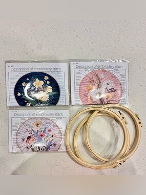 New 3-Piece Floral Embroidery Kit Set with Hoops, Floss & Guides